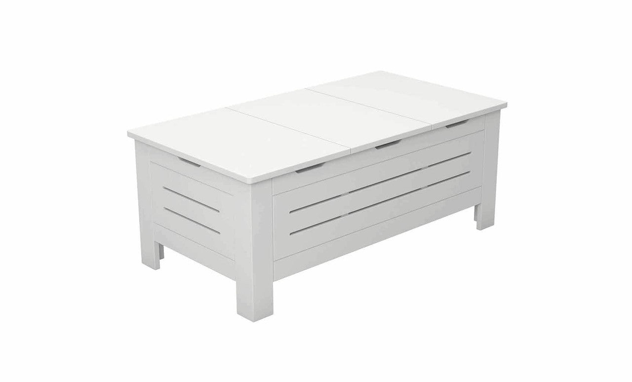 The Mainstay Storage Coffee Table by Ledge Lounger is a white wooden piece with a modern design. It features paneled sides with horizontal slats, ample storage space, and stands gracefully on four short legs, making it a stylish addition to your living room.