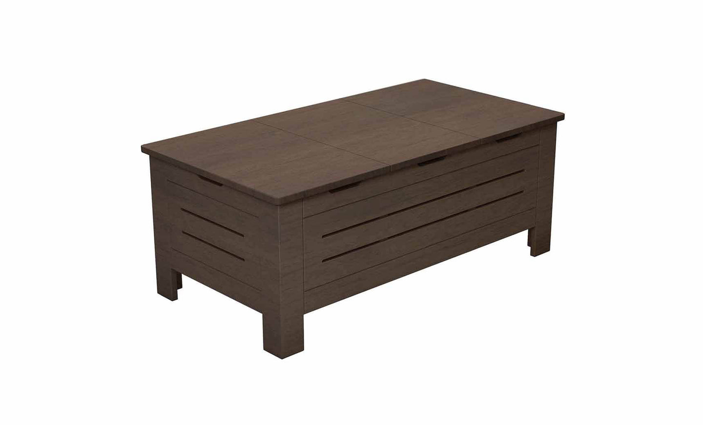 The Mainstay Storage Coffee Table by Ledge Lounger is a rectangular wooden table with a dark brown finish and slatted side design. Ideal for outdoor spaces, it offers ample storage beneath its smooth top and is supported by four sturdy legs.
