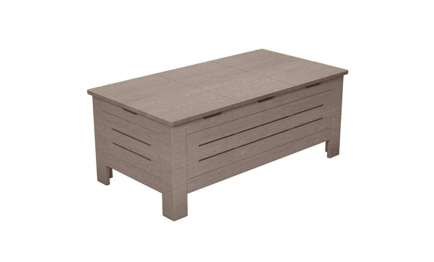 The Mainstay Storage Coffee Table by Ledge Lounger is a wooden chest ideal for outdoor spaces, featuring a simple design with horizontal slats, a flat lid, and sturdy legs in a natural wood finish. It provides ample storage while offering a classic and functional look.