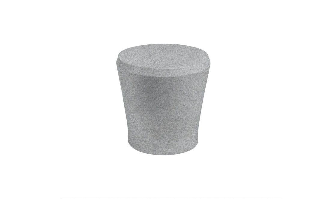 The Affinity Side Table by Ledge Lounger, with its cylindrical gray design and slightly tapered shape, serves as a chic outdoor accessory against a white background.