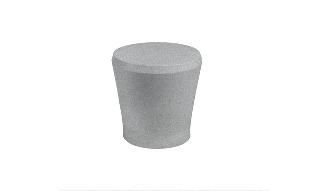 The Affinity Side Table by Ledge Lounger, with its cylindrical gray design and slightly tapered shape, serves as a chic outdoor accessory against a white background.