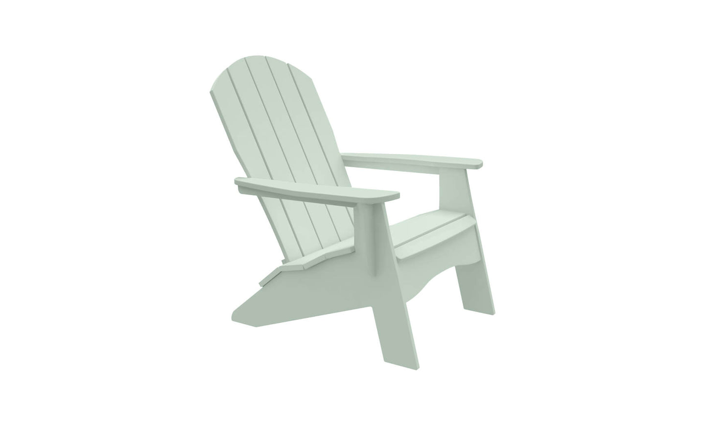 The Legacy Adirondack by Ledge Lounger is a pastel green chair perfect for patio gatherings, featuring wide armrests, a slatted backrest, flat angled legs, and a slightly reclined seat. Ideal for outdoor relaxation against a plain white backdrop.