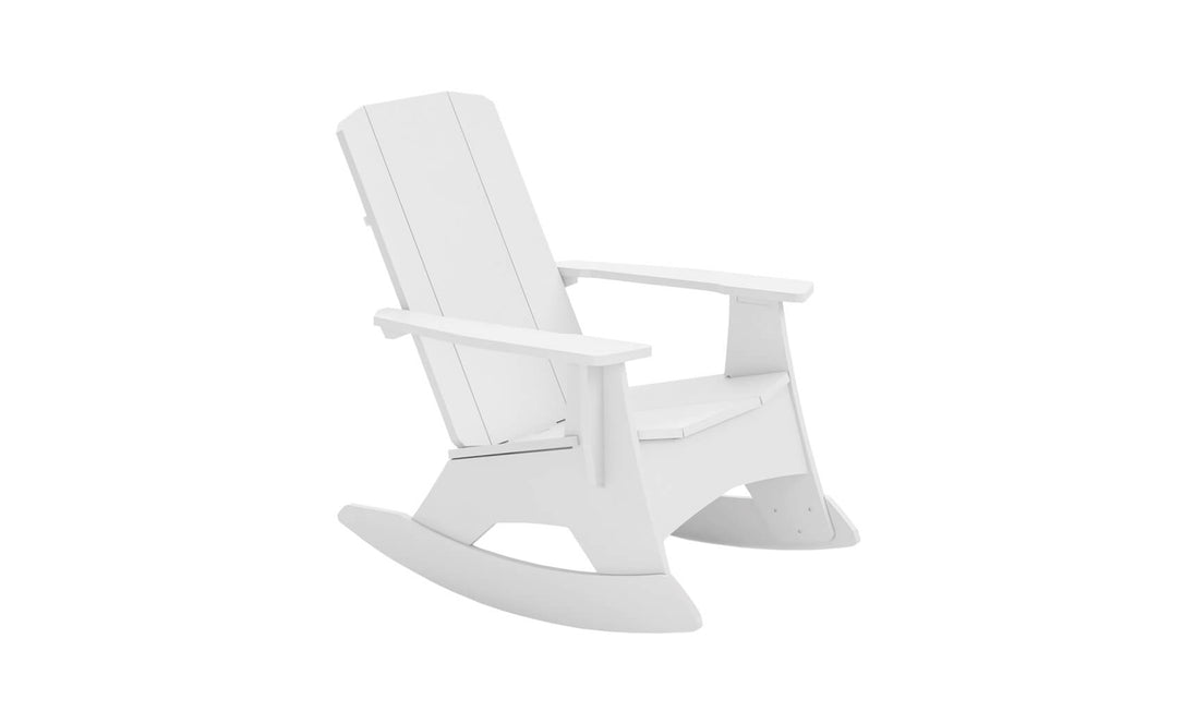 The Ledge Lounger Mainstay Adirondack Rocker, featuring stainless steel hardware, boasts a high back and wide armrests. Its classic white wooden design enhances any outdoor space and is elegantly showcased against a pristine white background from a side angle.