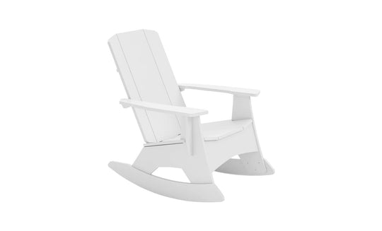 The Ledge Lounger Mainstay Adirondack Rocker, featuring stainless steel hardware, boasts a high back and wide armrests. Its classic white wooden design enhances any outdoor space and is elegantly showcased against a pristine white background from a side angle.