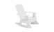 The Ledge Lounger Mainstay Adirondack Rocker, featuring stainless steel hardware, boasts a high back and wide armrests. Its classic white wooden design enhances any outdoor space and is elegantly showcased against a pristine white background from a side angle.
