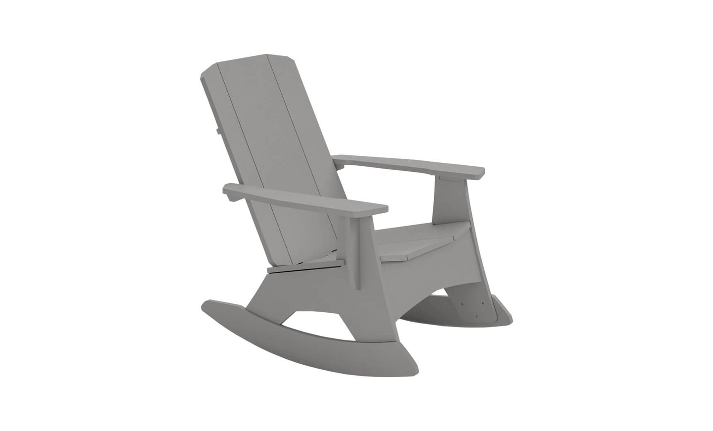 The Mainstay Adirondack Rocker by Ledge Lounger, in gray, boasts a high slatted backrest, wide armrests, and gently curved rockers. Its simple angular design is enhanced with stainless steel hardware for a sturdy outdoor seating option.