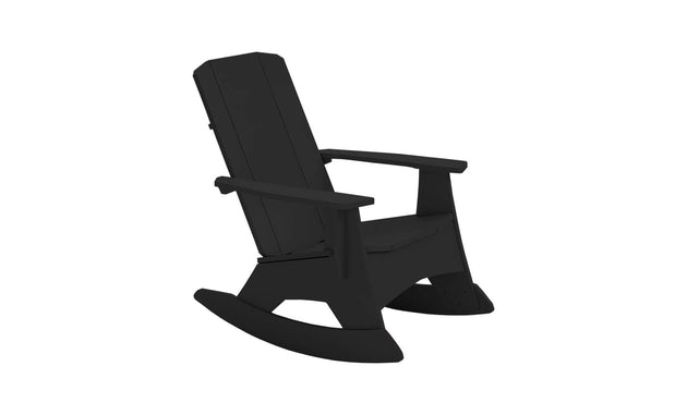 The Mainstay Adirondack Rocker by Ledge Lounger features a high backrest and wide armrests. Its black finish against a white background makes it ideal for any outdoor space. Constructed with stainless steel hardware, it guarantees both durability and style.
