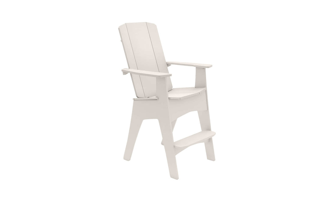 The Ledge Lounger Mainstay Adirondack Tall, in white, boasts a high back, wide armrests with a built-in bottle opener, and slatted seat. Designed for outdoor use, it includes a footrest and looks lightweight thanks to its synthetic material.