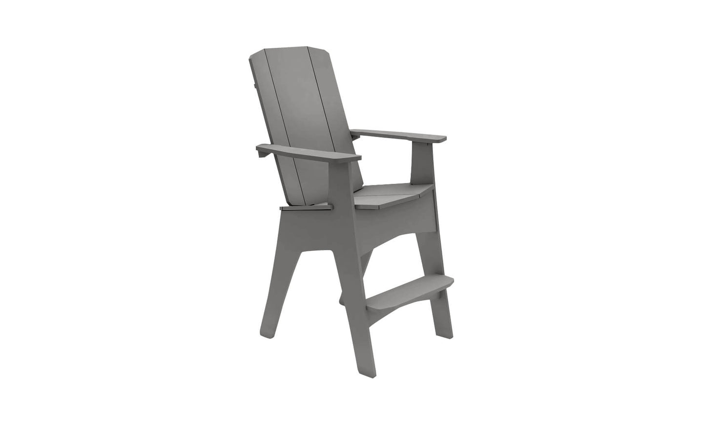 The Ledge Lounger Mainstay Adirondack Tall chair in gray features a contoured back, armrests, integrated footrest, and sleek modern design. It includes a built-in bottle opener for convenient outdoor relaxation.