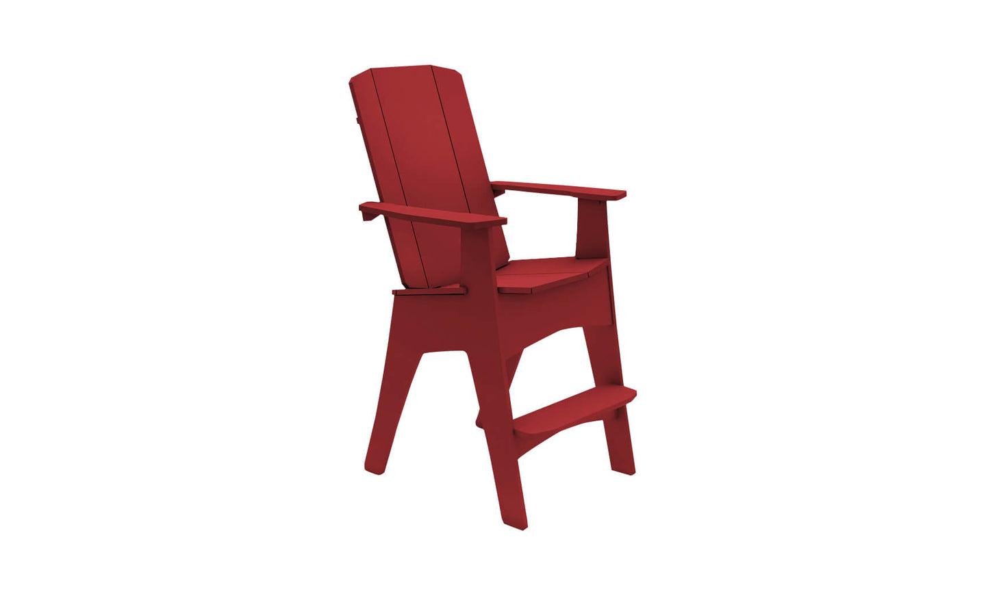 The Mainstay Adirondack Tall by Ledge Lounger boasts a slatted back, armrests, and a small footrest. Ideal for outdoor relaxation, this red lounge chair even includes a built-in bottle opener.