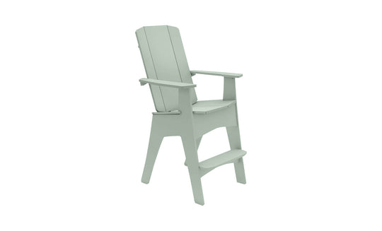 The Mainstay Adirondack Tall by Ledge Lounger features a high-back, armrests, and footrest in light green. Its slatted design suits patios and gardens. The sturdy frame and reclined back assure comfort, with a built-in bottle opener for added convenience.