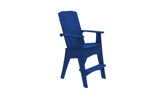 The Mainstay Adirondack Tall chair from Ledge Lounger, in blue, features an angled backrest, wide armrests, and a footrest for outdoor lounging. Created from durable materials with a classic design, its perfect for patios or gardens and includes a built-in bottle opener for convenience.