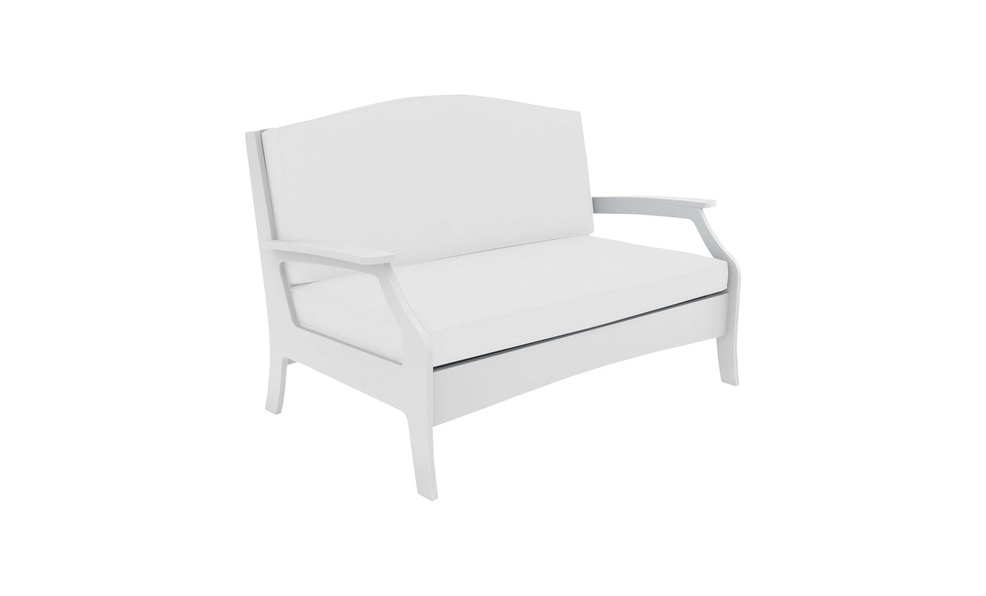 The Legacy Loveseat by Ledge Lounger is a white, modern piece featuring clean lines and cushioned comfort, with a curved backrest and armrests viewed from the front right angle. Standing on four legs, its minimalist design is perfect for any outdoor space.