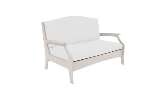 The Legacy Loveseat from Ledge Lounger is a white, two-seater with a curved backrest and wooden armrests on a plain white background, offering cushioned comfort.
