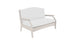 The Legacy Loveseat from Ledge Lounger is a white, two-seater with a curved backrest and wooden armrests on a plain white background, offering cushioned comfort.