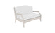 The Legacy Loveseat from Ledge Lounger is a white, two-seater with a curved backrest and wooden armrests on a plain white background, offering cushioned comfort.