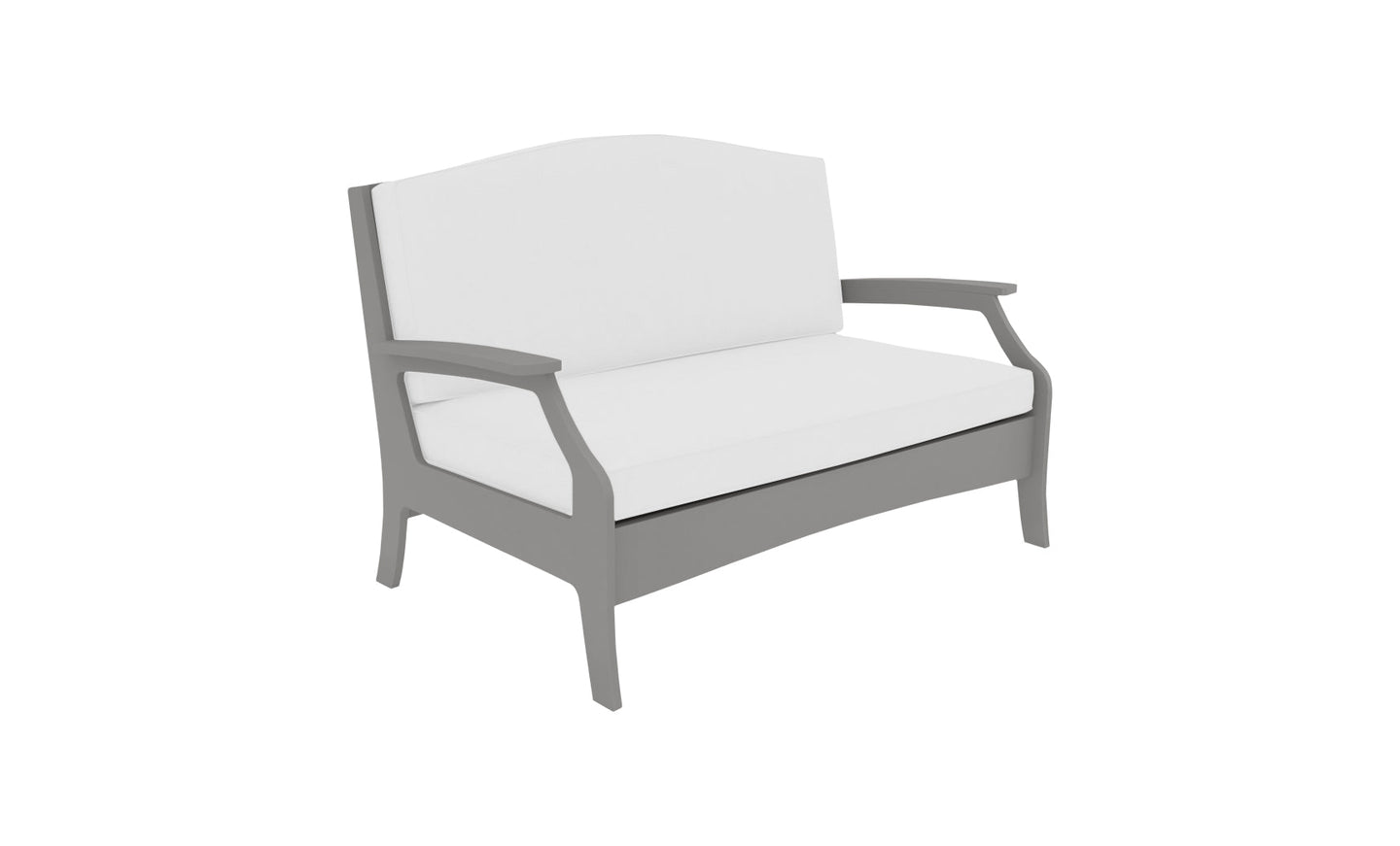 Introducing Ledge Loungers Legacy Loveseat: a modern, white loveseat with a sleek gray frame, cushioned comfort, gently curved armrests, and minimalist style—perfect for enhancing both outdoor and indoor spaces.
