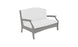 Introducing Ledge Loungers Legacy Loveseat: a modern, white loveseat with a sleek gray frame, cushioned comfort, gently curved armrests, and minimalist style—perfect for enhancing both outdoor and indoor spaces.