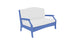 The Ledge Lounger Legacy Loveseat features a blue frame and white cushions, offering comfort with an arched backrest and armrests. Its simple, modern design makes it ideal for outdoor spaces.