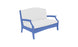 The Ledge Lounger Legacy Loveseat features a blue frame and white cushions, offering comfort with an arched backrest and armrests. Its simple, modern design makes it ideal for outdoor spaces.