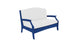 The Ledge Loungers Legacy Loveseat is a blue two-seater with white cushions, featuring cushioned comfort and modern design. Its frame has curved armrests and a high backrest, offering sleek yet comfortable seating for any outdoor space.
