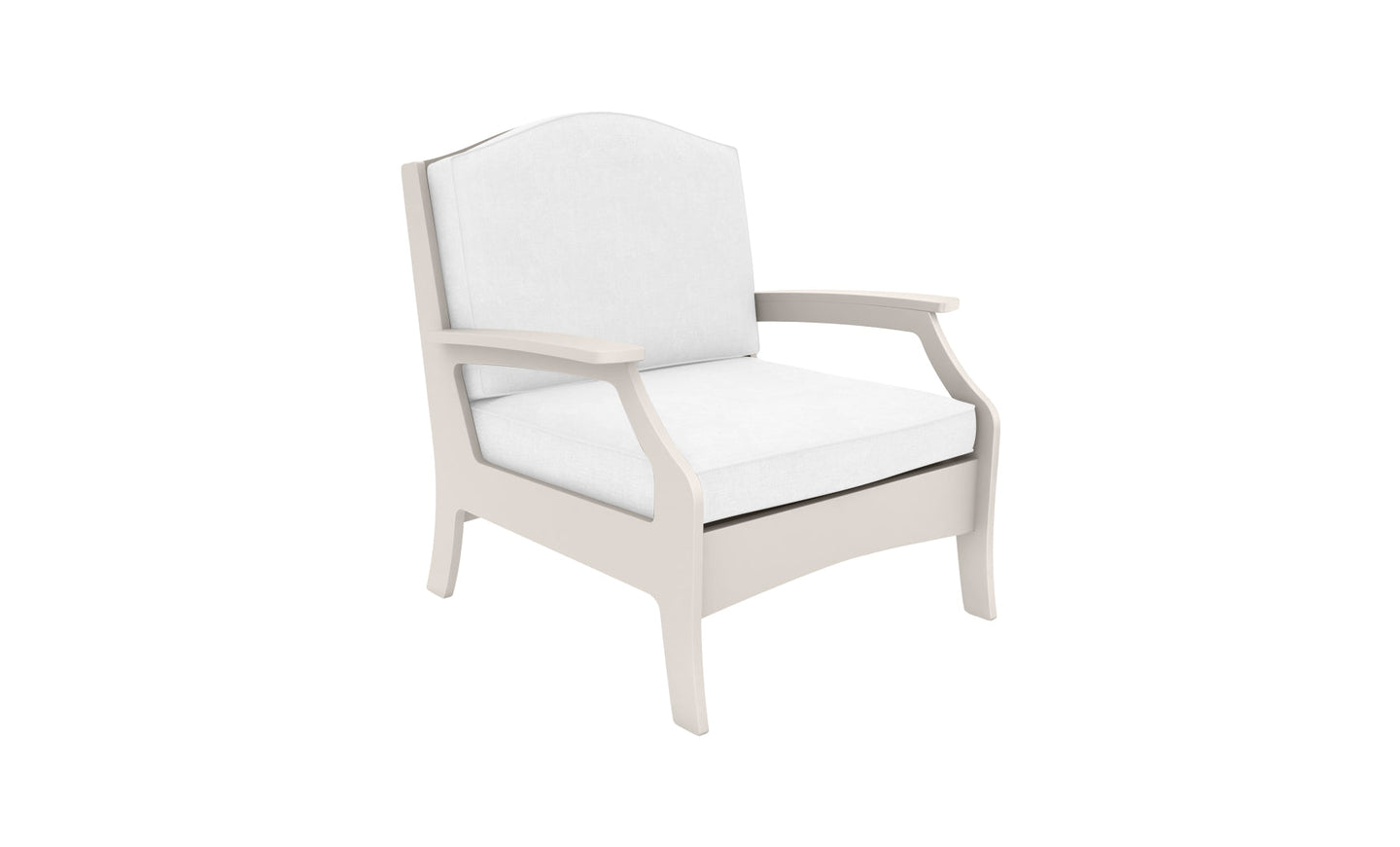 The Legacy Club Chair by Ledge Lounger is a white cushioned chair with a sleek design, featuring curved armrests and a high backrest. Its minimalist style makes it ideal for modern interiors or outdoor spaces, shown against a plain white background.