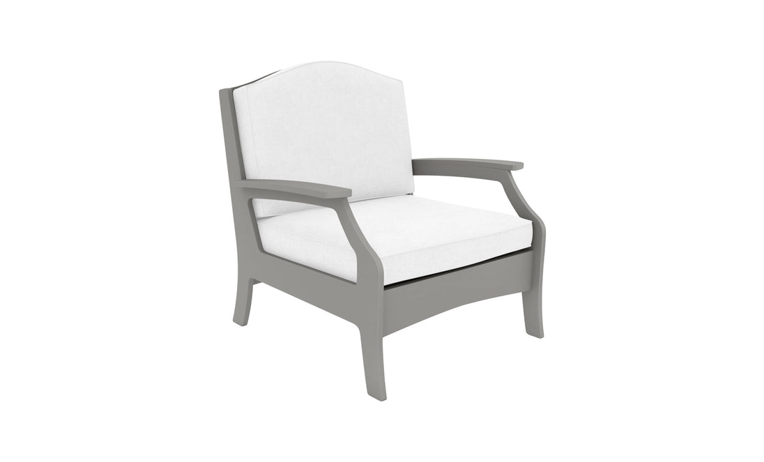 The Ledge Lounger Legacy Club Chair features a sleek light gray wooden frame with white cushions and armrests, perfect for any outdoor setting. It includes a slightly arched back in its modern design.