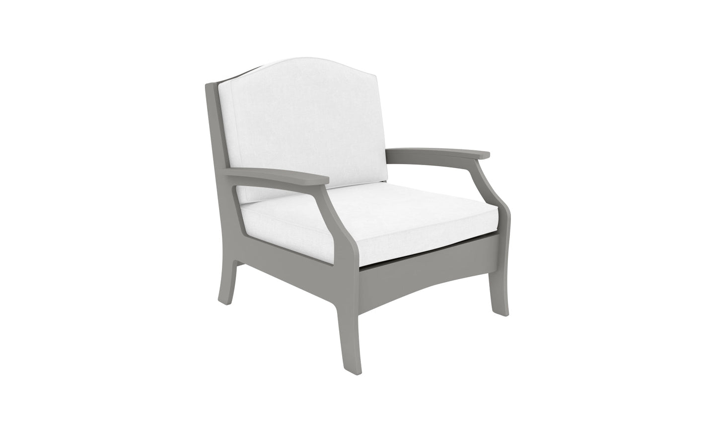 The Ledge Lounger Legacy Club Chair features a sleek light gray wooden frame with white cushions and armrests, perfect for any outdoor setting. It includes a slightly arched back in its modern design.