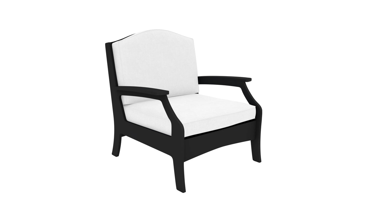 The Legacy Club Chair from Ledge Lounger is an elegant outdoor piece with a white cushioned seat and backrest. It boasts dark wooden armrests and legs, adding timeless appeal to any space.