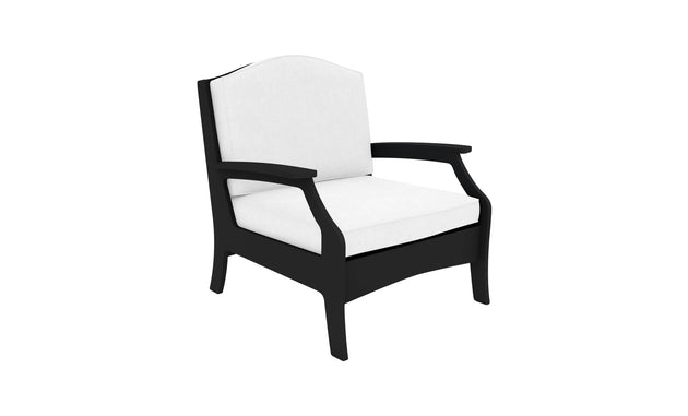 The Legacy Club Chair from Ledge Lounger is an elegant outdoor piece with a white cushioned seat and backrest. It boasts dark wooden armrests and legs, adding timeless appeal to any space.