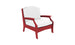 The Legacy Club Chair by Ledge Lounger features a white padded seat and backrest, with a vibrant red frame and ornate armrests and legs. This classic, vintage design adds an elegant charm to any outdoor space, beautifully contrasting against a white background.