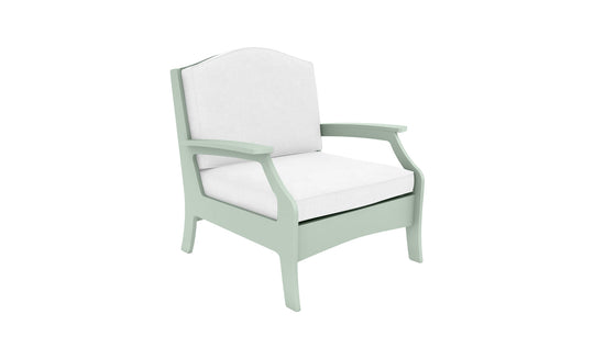 Introducing the Legacy Club Chair by Ledge Lounger: a light green armchair with white cushions, high backrest, and curved armrests. Its modern, customizable design suits both indoor living and outdoor spaces.