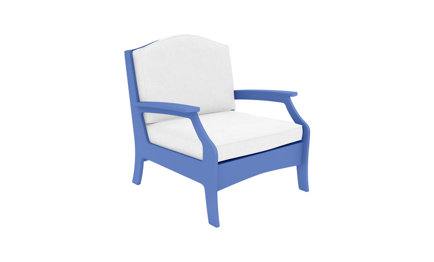 The Legacy Club Chair by Ledge Lounger features a high backrest, angular armrests, and a vibrant blue wooden frame with a white cushion. Perfect for outdoors and customizable to fit different aesthetics, the chair is showcased against a plain white background.