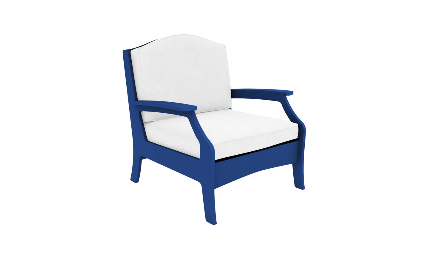 The Legacy Club Chair by Ledge Lounger features a white cushion, blue wooden frame, high backrest, and sleek armrests. Perfect for outdoor settings with its customizable design that enhances any space. Set against a white background for an elegant look.