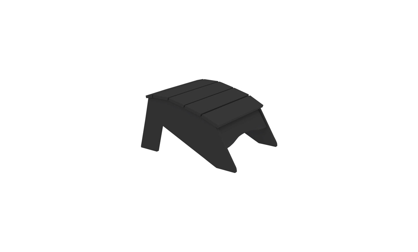 The Legacy Adirondack Ottoman by Ledge Lounger is a minimalist black piece with a slatted top and angled legs, ideal for outdoor relaxation against a pristine white background.