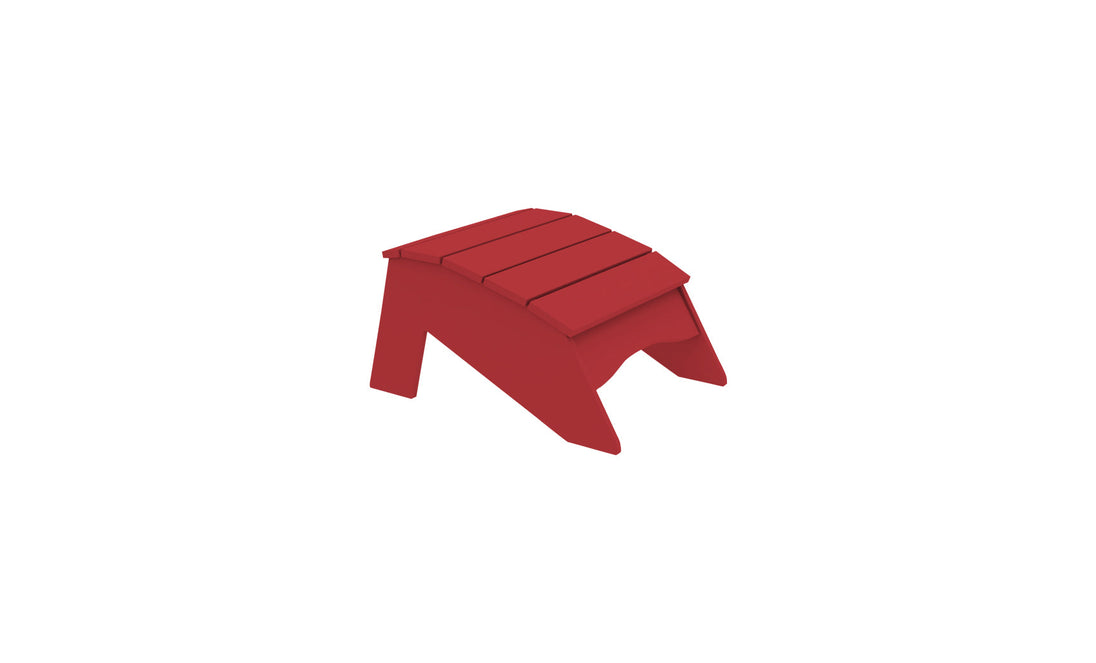 The Legacy Adirondack Ottoman by Ledge Lounger is a red wood footstool with a slatted top and angular legs, ideal for outdoor relaxation, displayed on a white background.