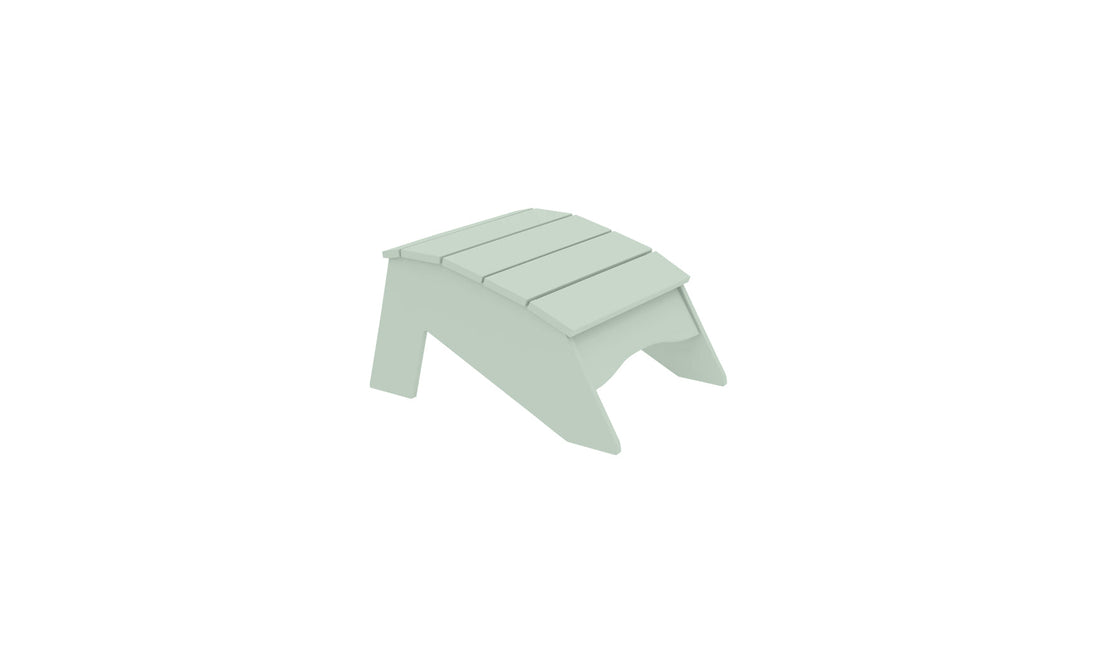 The Ledge Lounger Legacy Adirondack Ottoman is a light green slatted wooden footrest for outdoor relaxation, featuring a slightly curved top and triangular sides, perfect for patios or gardens, isolated on a white background.