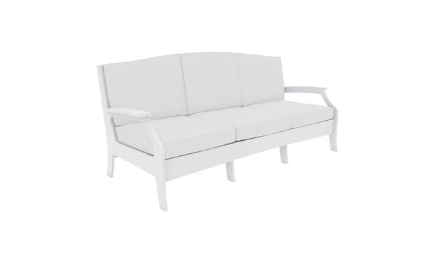 Discover the Legacy Sofa by Ledge Lounger: a modern outdoor white sofa with three cushions, a curved backrest, armrests, and a minimalist design. Crafted from durable outdoor fabrics for comfort akin to a traditional deep seat sofa.