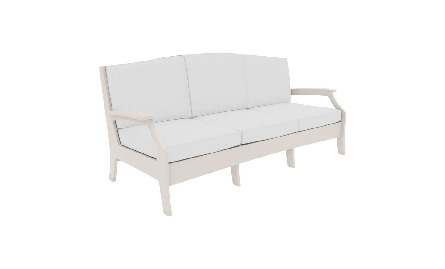 The Legacy Sofa by Ledge Lounger is a versatile white cushioned piece with three seat cushions and wooden armrests, featuring a traditional deep seat design. Its perfect for any setting with options for outdoor fabric customization and is positioned against a plain white backdrop.
