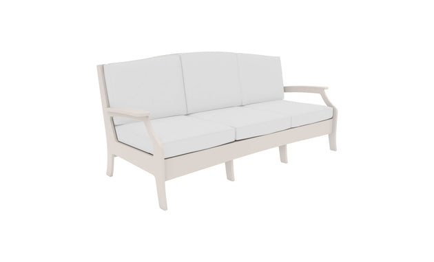 The Legacy Sofa by Ledge Lounger is a versatile white cushioned piece with three seat cushions and wooden armrests, featuring a traditional deep seat design. Its perfect for any setting with options for outdoor fabric customization and is positioned against a plain white backdrop.