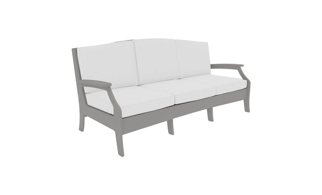 Introducing the Ledge Lounger Legacy Sofa: a modern twist on the traditional deep seat sofa featuring a gray metal frame, luxury outdoor fabrics, and white cushions. It comfortably seats three, with armrests on each side, combining minimalist design and sleek elegance.