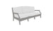 Introducing the Ledge Lounger Legacy Sofa: a modern twist on the traditional deep seat sofa featuring a gray metal frame, luxury outdoor fabrics, and white cushions. It comfortably seats three, with armrests on each side, combining minimalist design and sleek elegance.