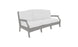 Introducing the Ledge Lounger Legacy Sofa: a modern twist on the traditional deep seat sofa featuring a gray metal frame, luxury outdoor fabrics, and white cushions. It comfortably seats three, with armrests on each side, combining minimalist design and sleek elegance.