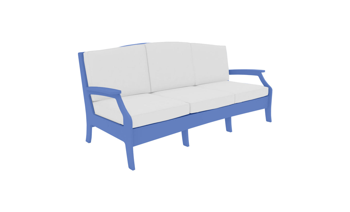 The Ledge Lounger Legacy Sofa is a modern deep-seat outdoor piece with light blue frames and white cushions, featuring durable outdoor fabrics. It offers three seating spots and gently curved armrests, set against a plain white backdrop.