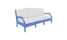 The Ledge Lounger Legacy Sofa is a modern deep-seat outdoor piece with light blue frames and white cushions, featuring durable outdoor fabrics. It offers three seating spots and gently curved armrests, set against a plain white backdrop.