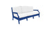 A Legacy Sofa by Ledge Lounger, crafted in blue wood with a traditional deep seat, features three white cushions and armrests. It is set against a plain white background.