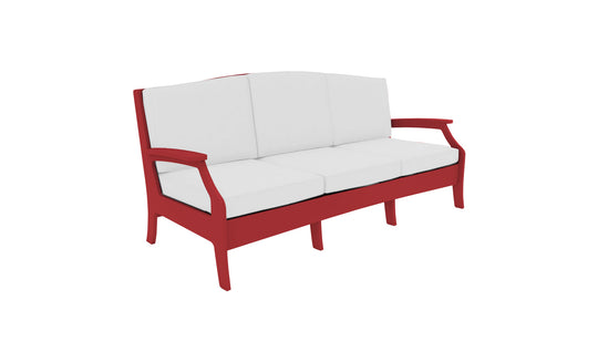 The Ledge Lounger Legacy Sofa, a three-seater with a striking red frame and white cushions, combines contemporary design with traditional deep seat comfort. Made with outdoor fabrics, its clean lines and smooth surfaces complement the white background elegantly.
