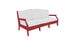 The Ledge Lounger Legacy Sofa, a three-seater with a striking red frame and white cushions, combines contemporary design with traditional deep seat comfort. Made with outdoor fabrics, its clean lines and smooth surfaces complement the white background elegantly.