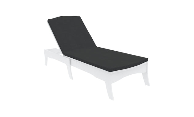 Against a plain white backdrop, the white lounge chair by Ledge Lounger boasts a black cushioned seat with a reclining backrest, equipped with the durable Legacy Chaise Cushion for perfect outdoor relaxation.