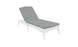 A white wooden lounge chair with a Legacy Chaise Cushion by Ledge Lounger features a reclining backrest. Its showcased against a white background, highlighting its modern design and durable gray outdoor fabric, perfect for customization.